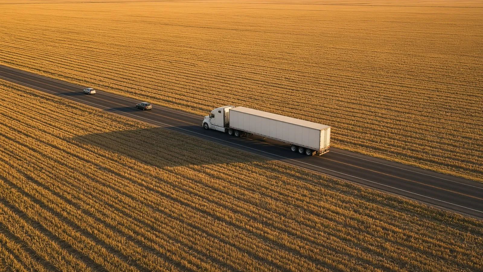Tráiler blanco en una carretera que cruza campos de cultivo, visto desde arriba.