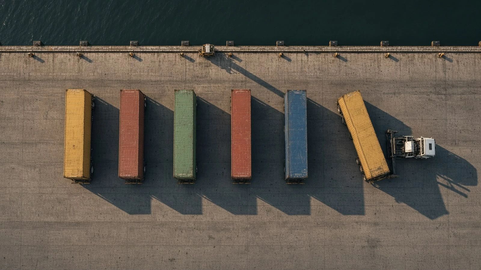 Contenedores de colores alineados en un muelle, vistos desde arriba, con un montacargas moviendo uno.