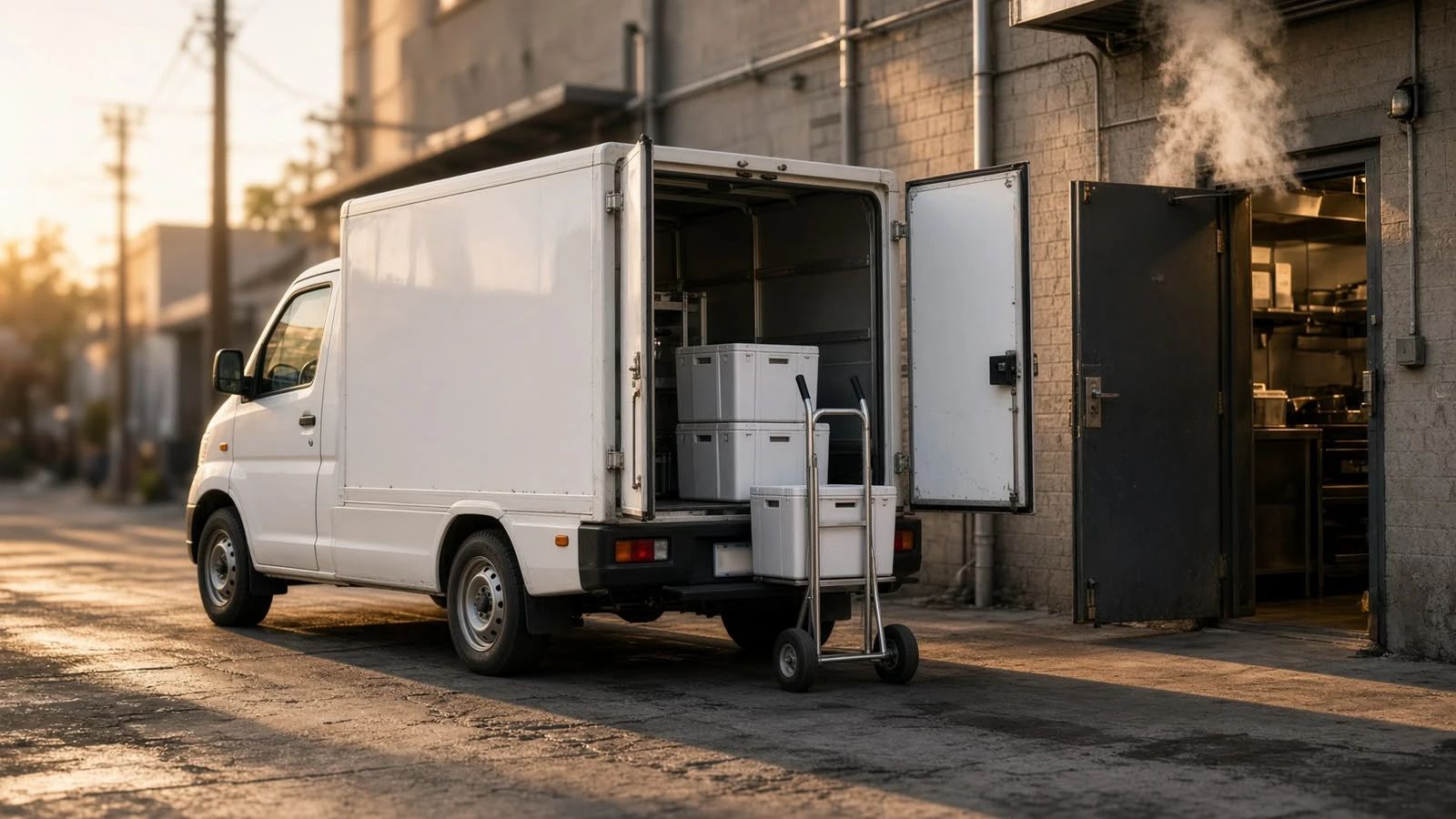 Camioneta de reparto con las puertas abiertas frente a la entrada de una cocina.